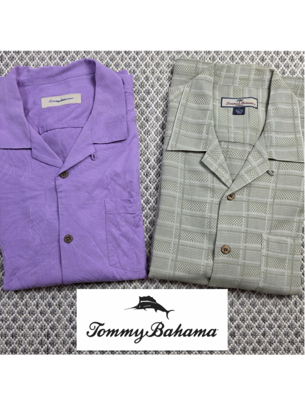 Tommy Bahama Silk Camp Shirt Bundle Mens L Purple & Sage Green Hawaiian Casual